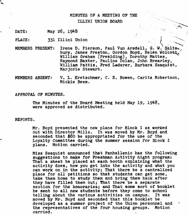 Typewritten Illini Union Board Minutes, 1948