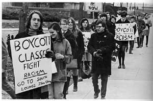 photo of white students with signs reading Boycott Classes: Fight Racism